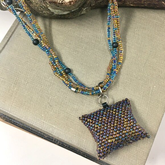 Handmade Iridescent Square Seed Bead Pouch Multi-Strand Matte Hematite Necklace - Picture 1 of 16